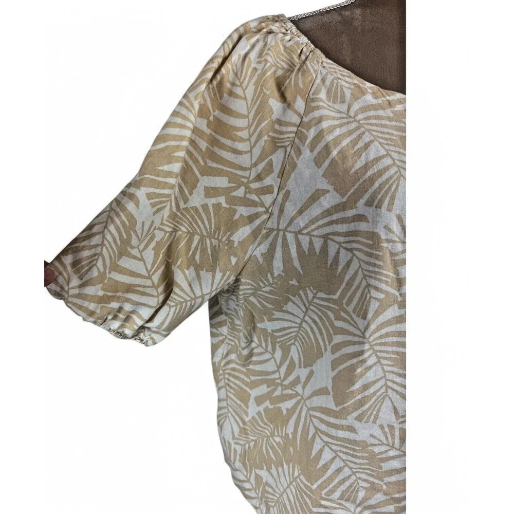 Ann Taylor Loft Womens Sz XL Linen Top Tropical Print Tan Cream Puff Sleeve‎